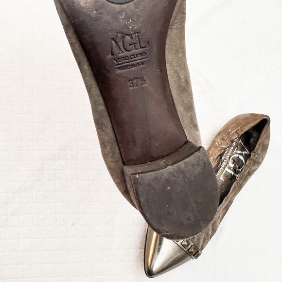 AGL Metallic Pointy Toe Suede Leather Flat Size Gray/Olive 37.5 - Picture 2 of 5